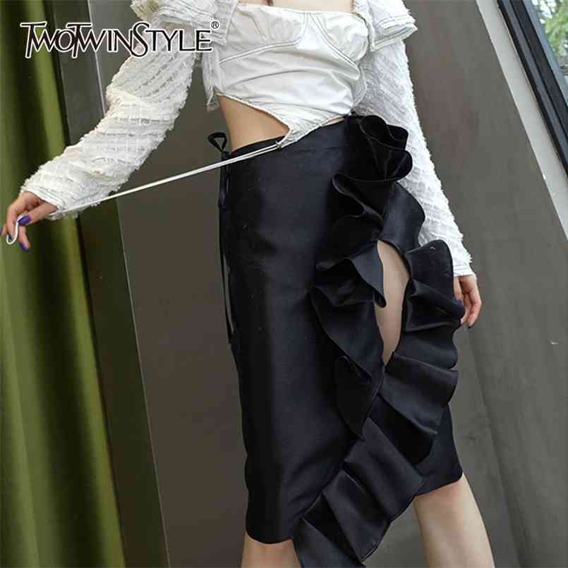 

Black Patchwork Sexy Skirt For Women High Waist Solid Hollow Out Knee Length Skirts Female Summer Clothing 210521
