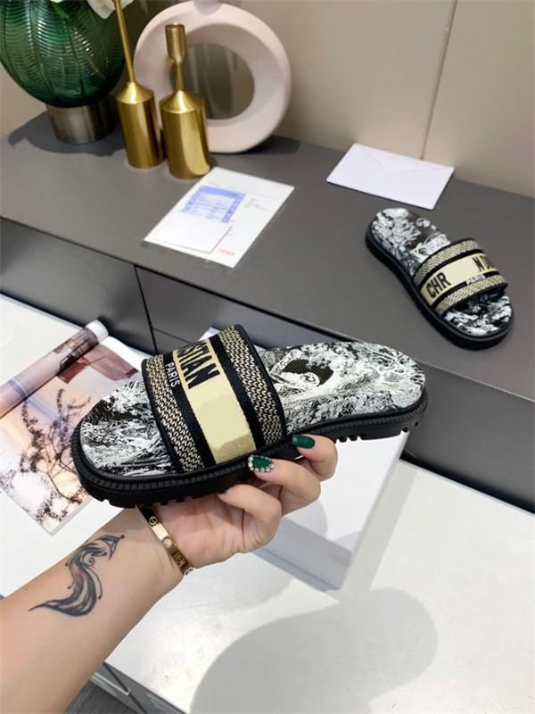 

Stylish Classic Women Slipper Dway slide Black Toile de Jouy Embroidered Cotton Thick Sole Classics Fashion Design Summer Indoor Sandals