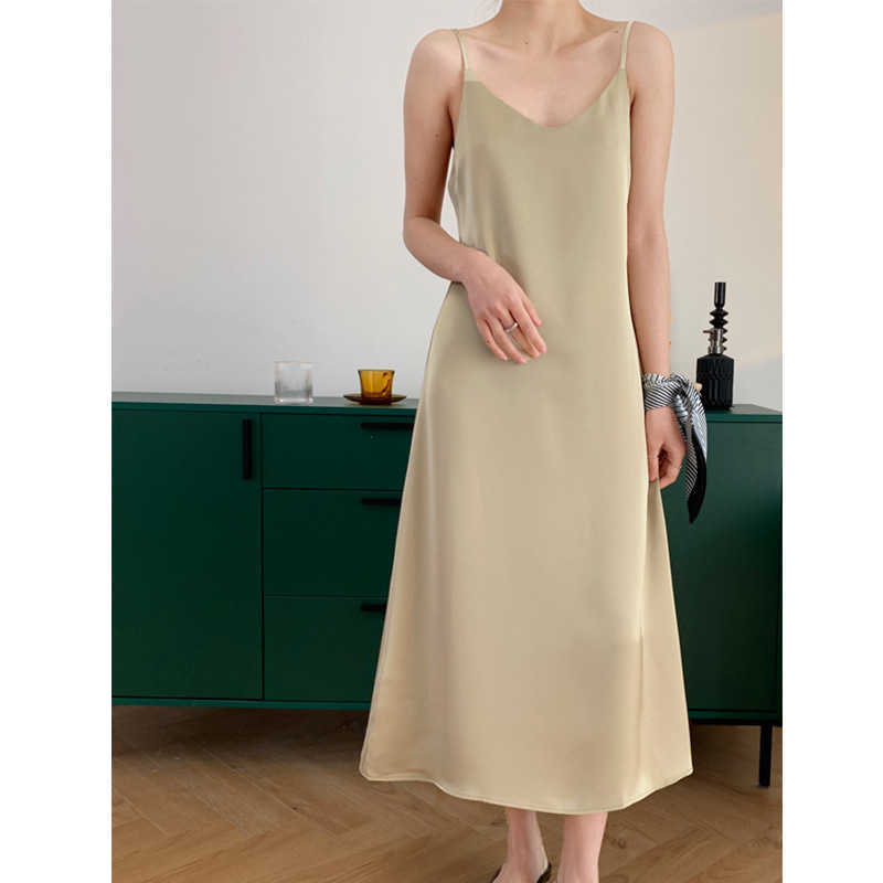 

Satin Spaghetti Strap Summer Dress Women Korean Long Solid Color Thin Black Loose 210 210607