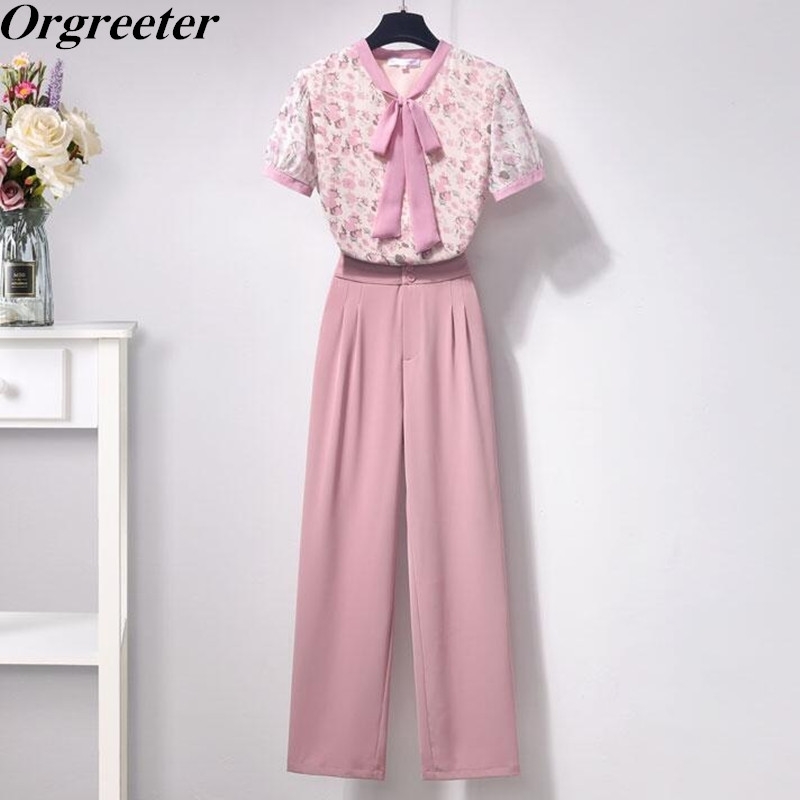 

Brand OL Work Wear Sweet pink 2 pieces Sets Women Floral Print Bow Lace-up Chiffon Shirts + Solid Pants Suits Casual Outfits 210525