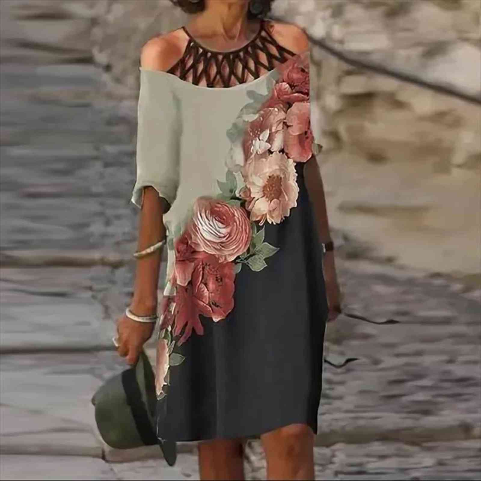 

vintage straight fashion medium length women dress tie dye print long sleeved halter ladies robe femme vestidos, Black;gray