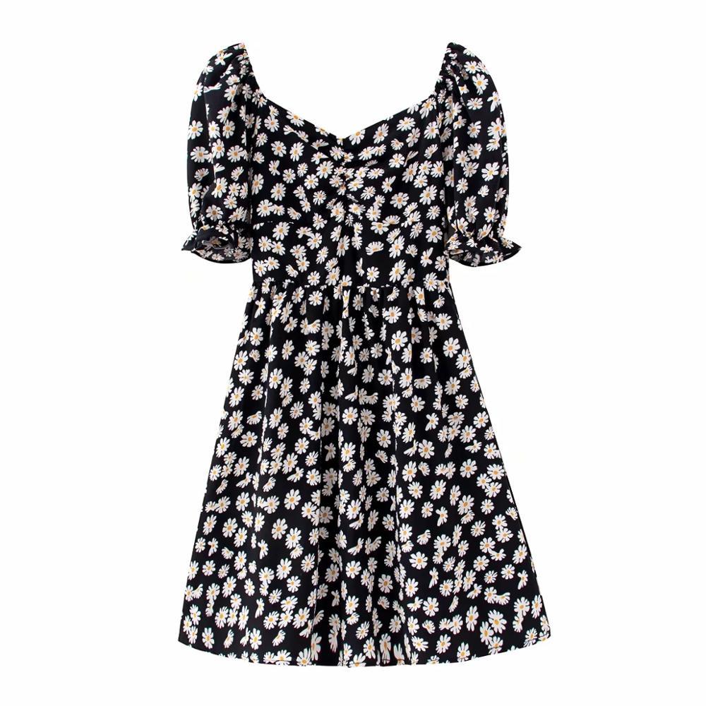 

Vintage Chic Puff Sleeve Elastic Daisy Print Mini Dress Fashion Women Square Collar Dresses Girls Chic Outfits Vestidos 210520, Pic 1