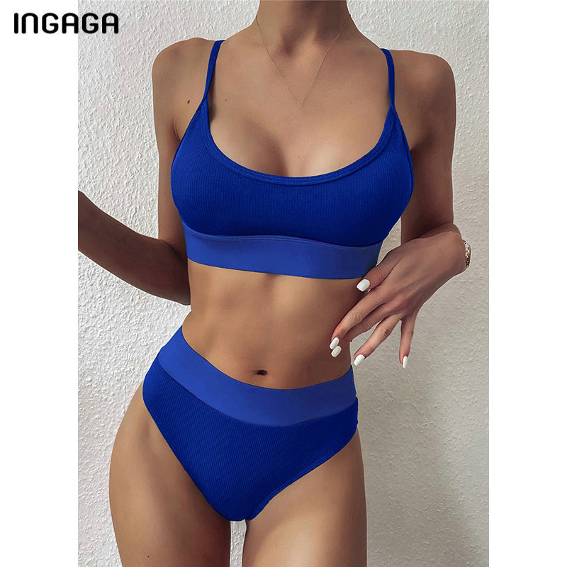 

2021ingaga high waist bikinis 2021 swimwear women push up swimsuits solid brazilian bikini ribbed biquini strap swim bathing suits, White;black