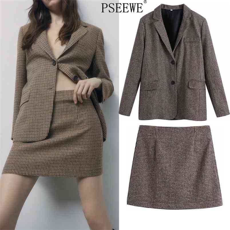 

Camel Houndstooth Office Suit Women Fashion Fall Long Sleeve Blazer High-Waisted Skirt Two Piece Set 210519