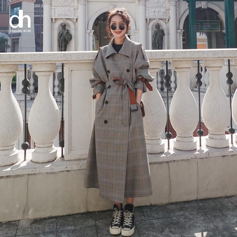 

Women's Trench Coats DH Quality Fashion Elegant Long Plaid Coat Lady Duster Cloak Spring Autumn Windbreaker Double Breasted With Belt, Tan;black