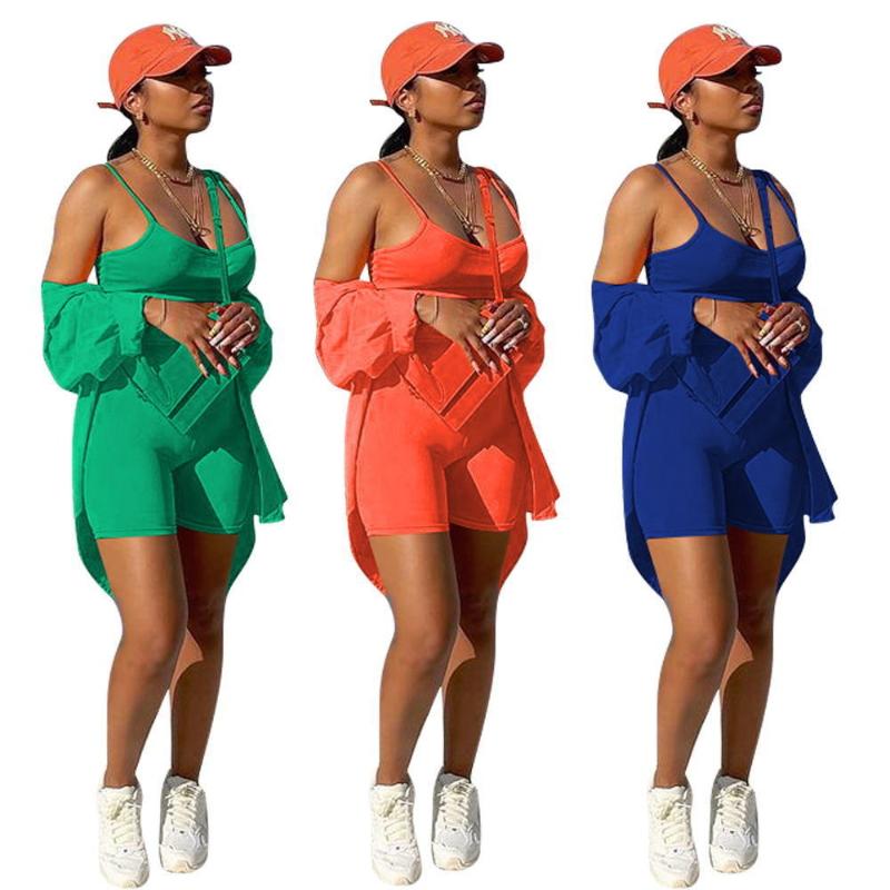 

Women' Tracksuits Cutubly Biker Short Sets Outfit Casual Club Three 2 Piece Set For Women Tight Shorts+Cami Tops+Cardigan Blouse Tshirt Coa, Green