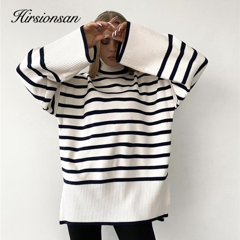 

Women's Sweaters Hirsionsan Loose Striped Turtle Neck Sweater Women 2021 Elegant Warm Knitted Pullovers Cusual Fashion Female Jumper, White;black