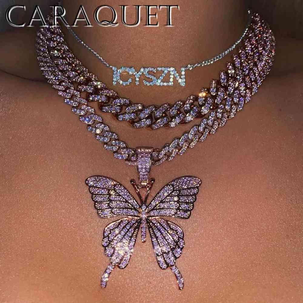 

Pink Luxury Sparkle Full Crystal Butterfly Cuba Choker Necklace for Women Bling Multicolor Rhinestone Chunky Punk HipHop Jewelry