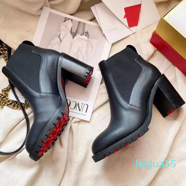 

Women black Leather boot ankle boots red bottom high heels chunky heeled booty Calf Leathers Ankles Booties platform rubb