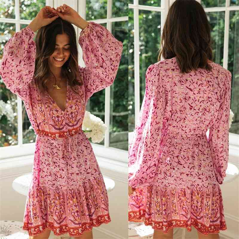 

2021 summer women' fashion new slim V-neck print holiday style beach skirt dress, Orange