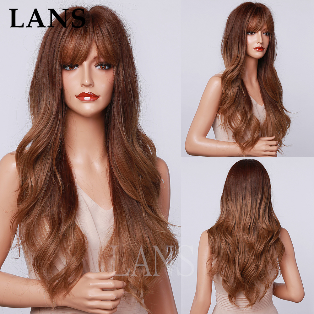 

LANS Synthetic Wig Long Wavy With Bangs Brown 26 Inch Heat Resistant Fiber Made Party Cosplay wigs for White Black Women, 1pcs/lot