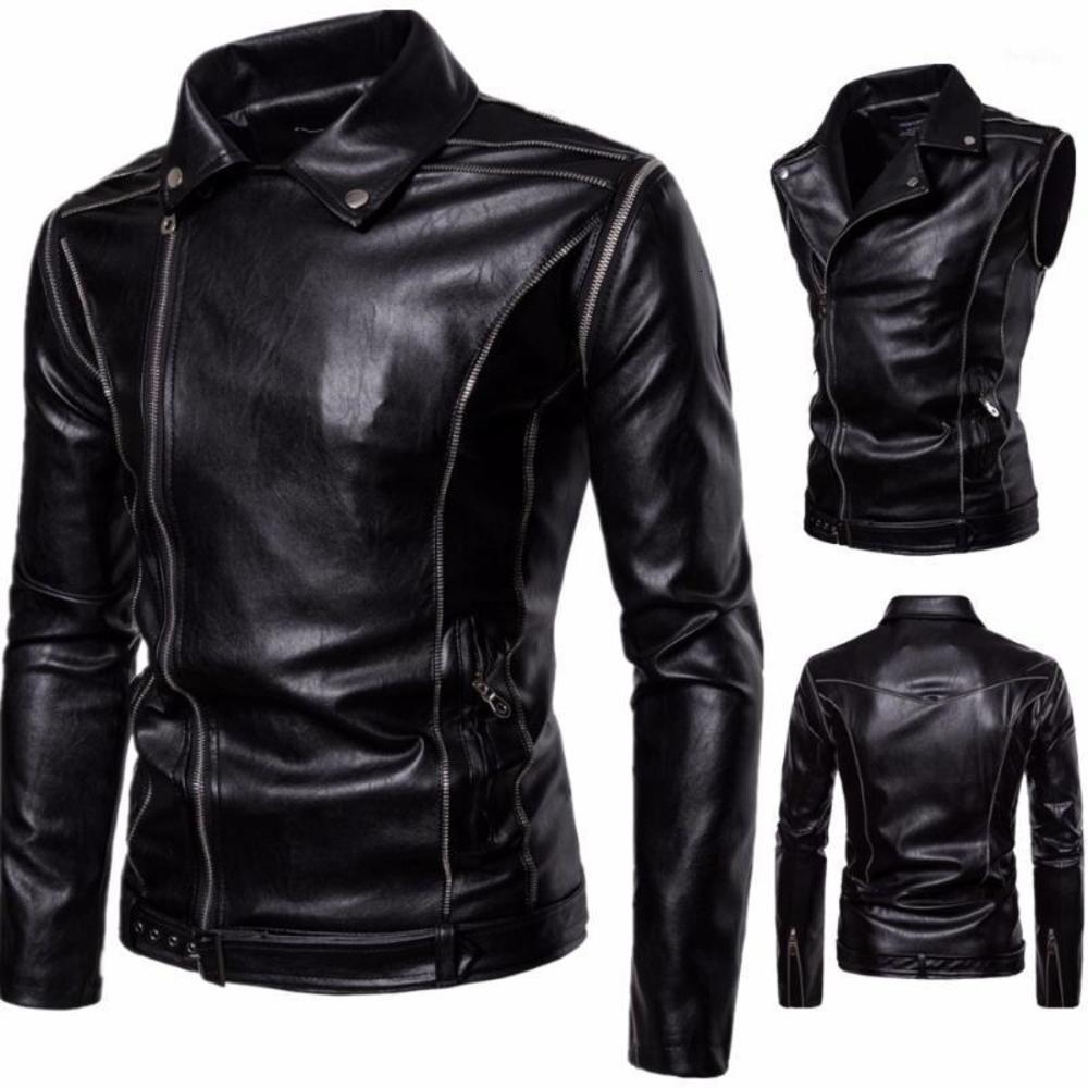 

coats Fall PU Leather Men Detachable Sleeves Two Wear Locomotive Moto Biker Garment Winter Jacket Men1, Black