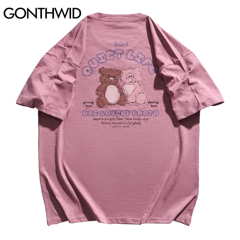 

Tshirts Harajuku Cartoon Bear Streetwear Tees Shirts Hip Hop Casual Short Sleeve T-Shirt Fashion Mens Cotton Loose Tops 210602, Pink