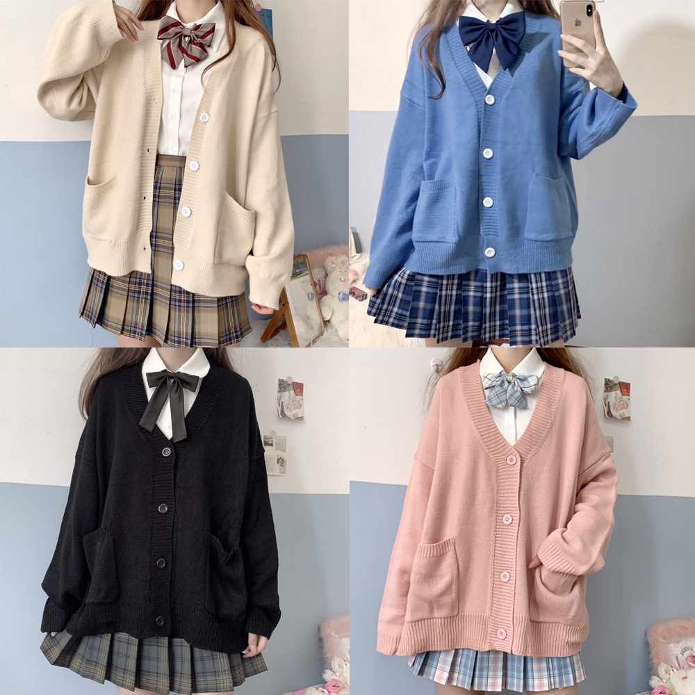 

japanese style sweater spring autumn v-neck cotton knitted sweater jk uniform cardigan multicolor cosplay womens wear, Black
