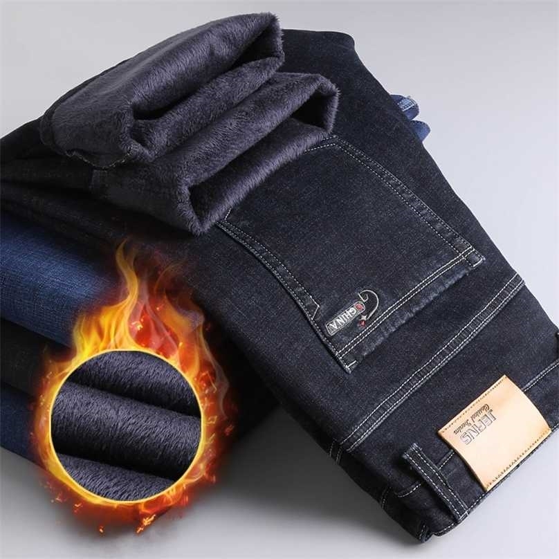 

Winter Thermal Warm Flannel Stretch Jeans Mens Quality Famous Brand Fleece Pants Men Straight Flocking Trousers Jean Male 211111, Model 1 blue