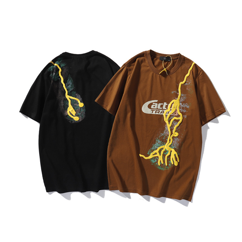 

Tide Brand Travis Scott Cactus Jack T Shirt Lightning Print Foam Short Sleeve Men's and Women's Casual T-shirt Couple Tops, Black