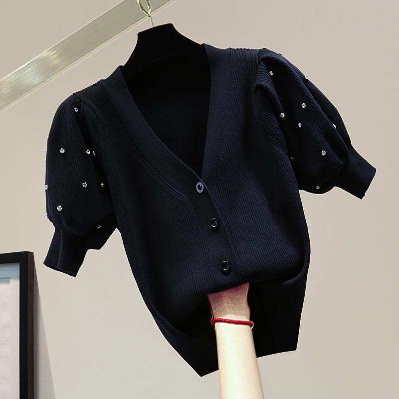 

Women's Knits & Tees 2021 Summer Thin Cardigans V-neck Short Sleeve Ice Silk Cardigan Coat Women Clothing Puff Knitwear Sweater, Black