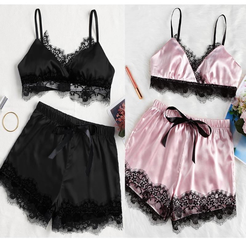 

Women's Sleepwear 2Pcs/Set Sexy Pajamas Set Lace Cami Tops & Bowknot Elastic Shorts Women Sleep Pajama Nightwear Sleeping Wear, Black;red