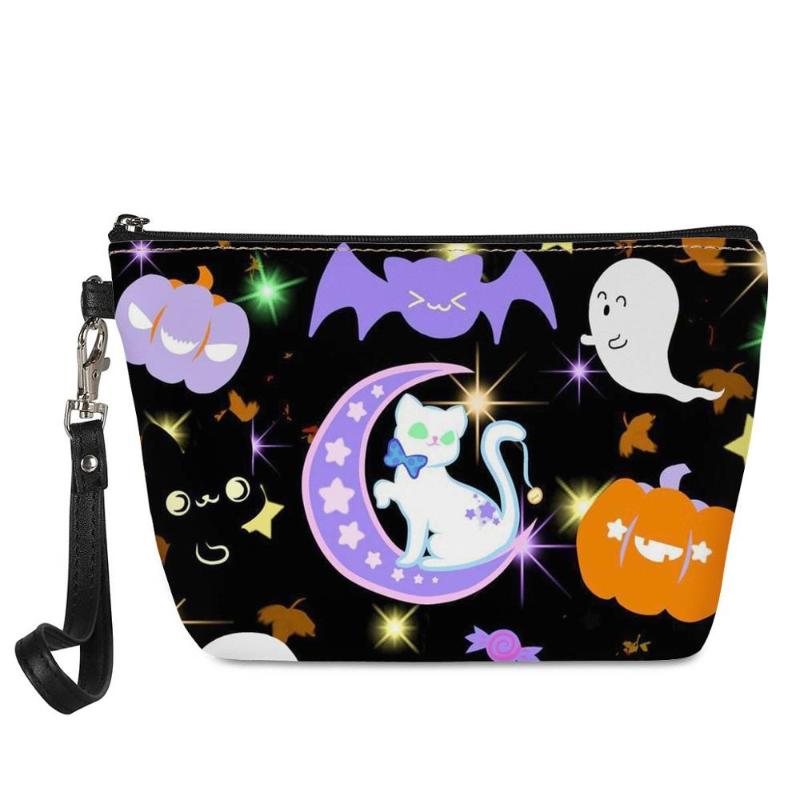 

Custom Wholesale Make Up Bag Cute Cat Pumpkin Ghost Print Makeup Organizer Professional For Women Travel Cosmetic Bags & Cases