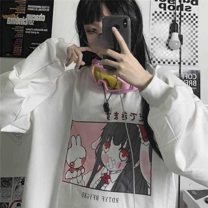 

Long-sleeved sweatshirt women thin section Korean version Harajuku style Japanese cute cartoon printing loose plus velvet top 210526, Creamy-white