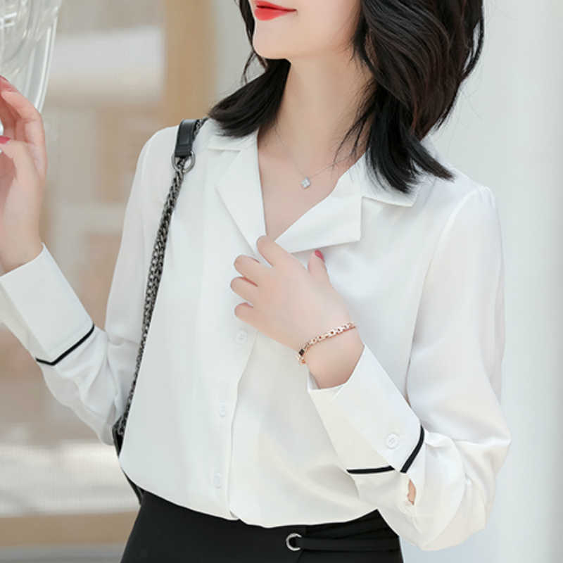 

Blouses Woman Long Sleeve Chiffon Blouse Women Shirts White Blouse V-neck Office Ladies Tops Womens Tops And Blouses C328 210602, Black