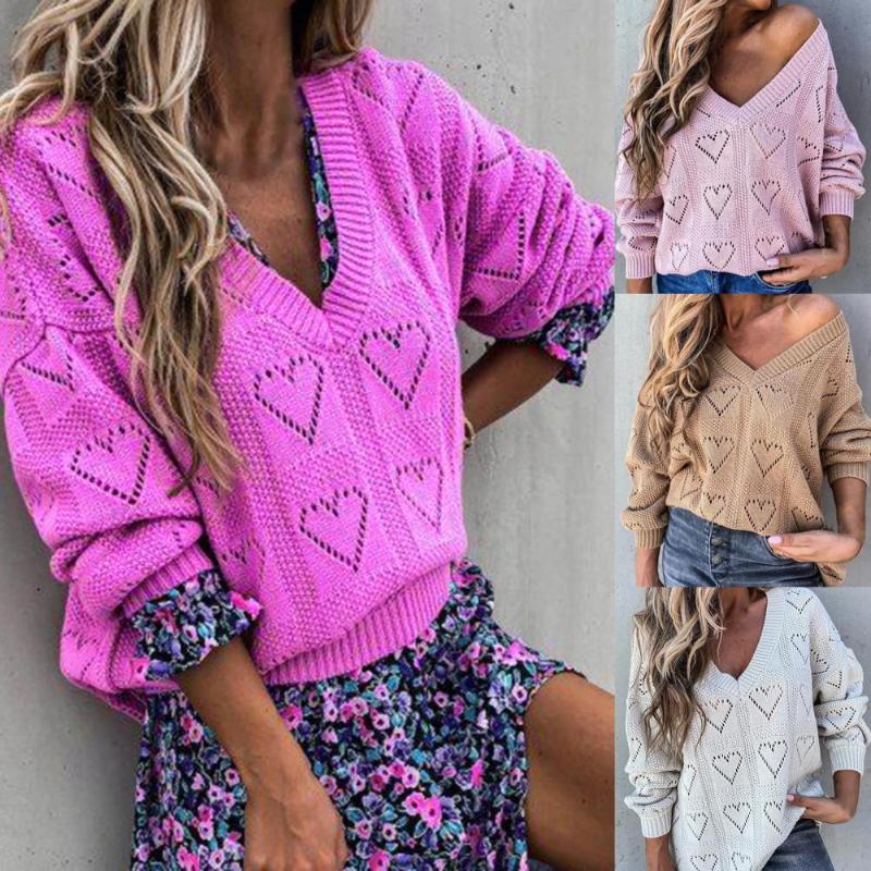 

Women' Sweaters Sweater Hollow Out Heart Print All Match V Neck Solid Color Pullover Winter For Autumn Casual, Pink