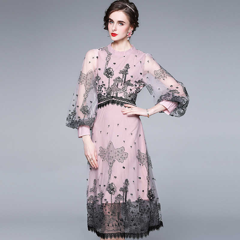 

Summer Runway Flower Embroidery Dress Women's Lantern Sleeve Mesh es Office Party Midi 210526, Photo color