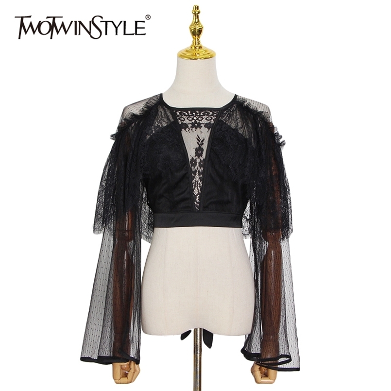 

White Patchwork Lace Shirt For Women O Neck Long Sleeve See Through Short Blouse Female Fashion Clothing 210524