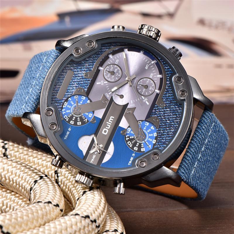 

Wristwatches OULM Exaggerated Big Design Men's Watches Two Time Zone Display Quartz Clock Male PU Leather Military Wristwatch, Brown