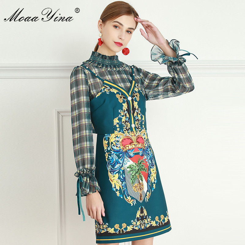 

Fashion Designer dress Spring Women's Dress Long sleeve Vintage Print Beaded Dresses+lace-up Small sling 210524, Green