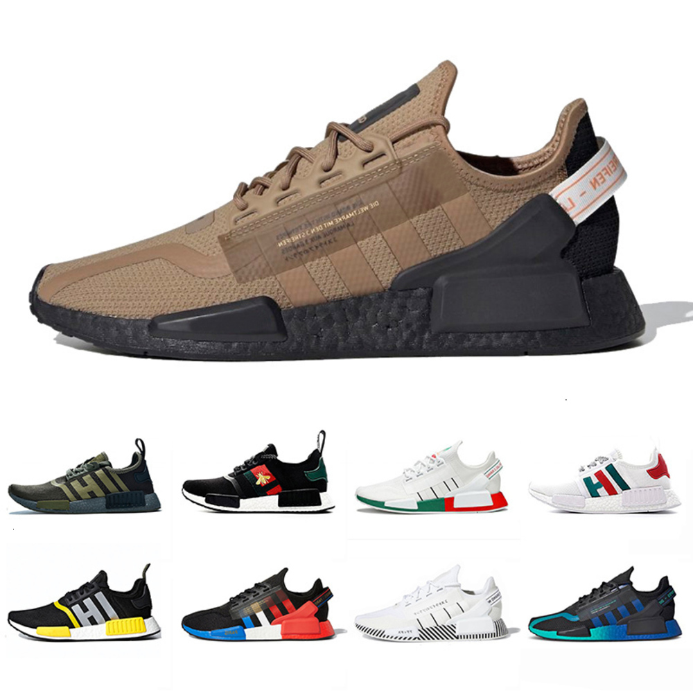 Englishwholesale 2021 Vente NMD R1 V2 Sport Chaussures de course Sport Cartboard Aqua Dazzle Camo Blanc Militaire Vert Vert Mens Femme Volt Volt