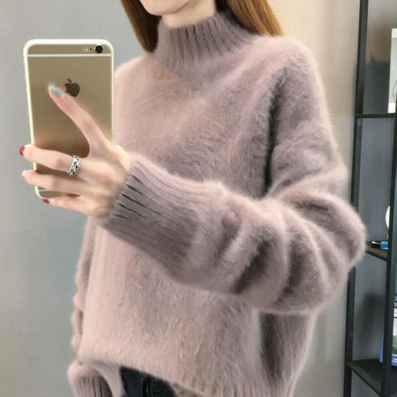 

Women's Sweaters 2021 Autumn Winter Mink Sweater Loose Korean Half High Collar Bottomed Shirt Lazy Style Versatile Top, White;black