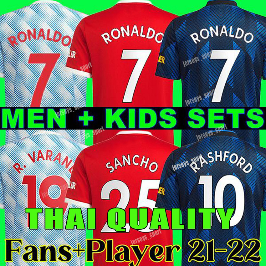 

RONALDO 21 22 SANCHO Manchester soccer jersey UNITED Fans Player version MAN BRUNO FERNANDES LINGARD POGBA RASHFORD football shirt UTD 2021 2022 men + kids kit sets, Players 21-22 away adult