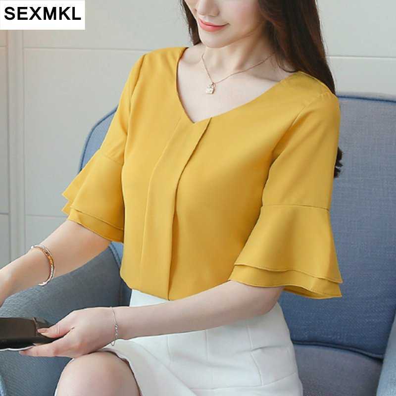 

SEXMKL Women Tops and Blouses Summer Chiffon Blouse Short Flare Sleeve Ladies Shirts Casual Blusa Feminina Tops Lady Shirt 210528, White