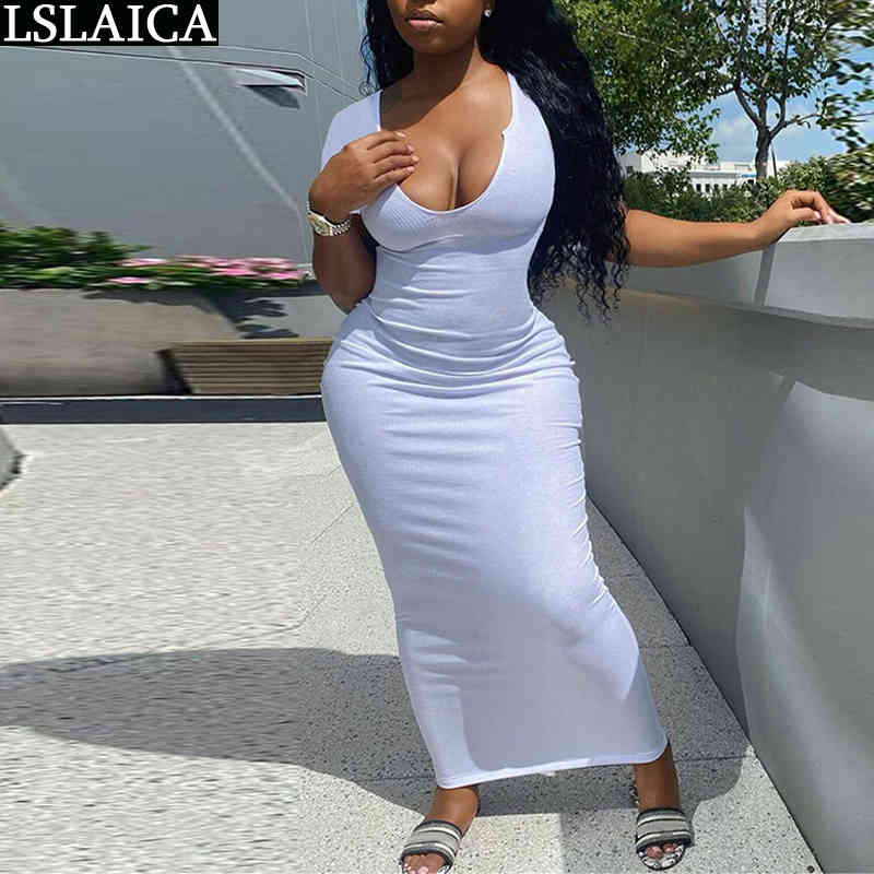 

Midi Dress Short Sleeve Deep V Neck High Waist Rib Knitted Solid Color Long es Summer Party Clubwear Night Lady 210520, Black