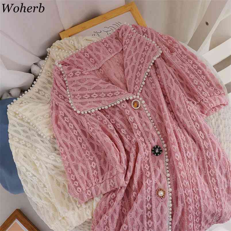 

Vintage Lace Hollow Shirt Lady' Top Short Sleeve Summer Puff All Match Blouse Slim Cardigan Blusas Korean Chic 210519, Pink