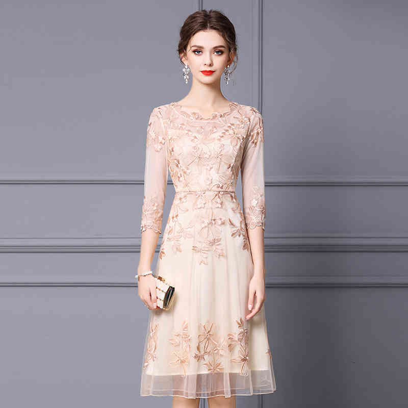 

Casual Dresses Zhili high sense embroidered dress autumn summer large size closed waist thin handicraft YEL1, Apricot