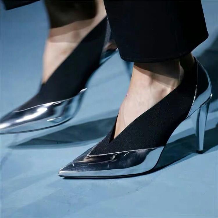 

Fashion Elastic Cloth Patchwork Pointed Toe Pumps Woman Spike Heels Mixed Colors Leather Runway High Slip On Dress Shoes, Color 4