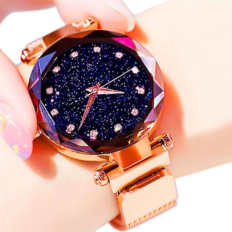 

Wristwatches Luxury Starry Sky Women Watches Rose Gold Bracelet Magnet Mesh Band Rhinestones Quartz Wristwatch Ladies Female Diamond Watch, A blue