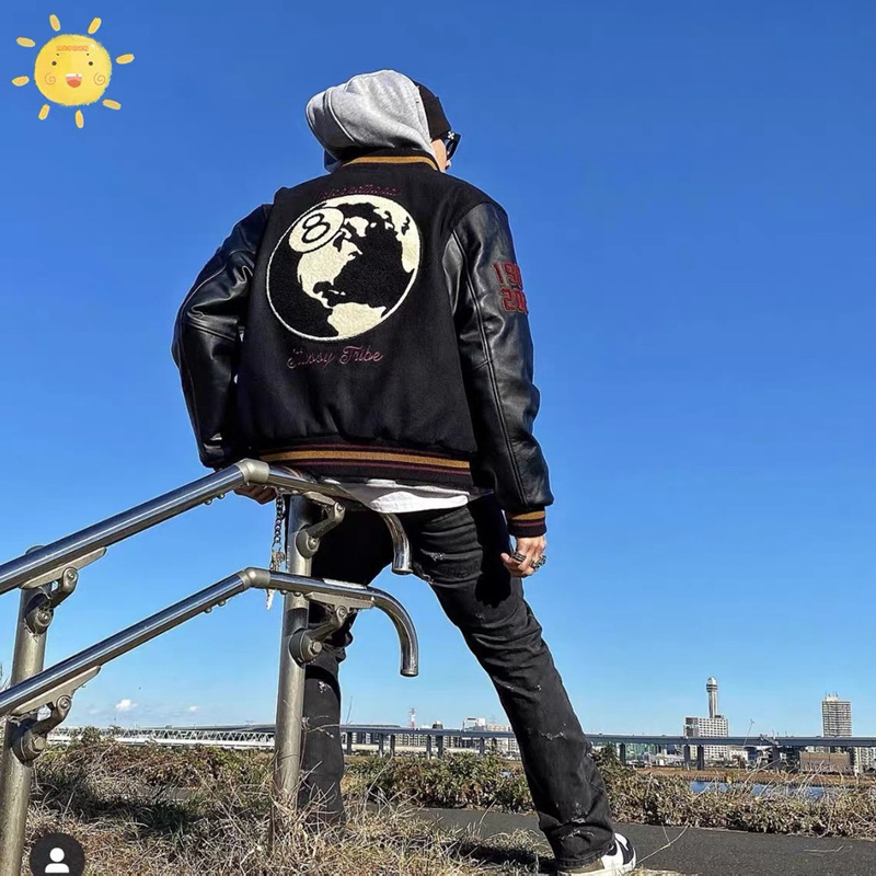 

Limited Chaopai 40th Anniversary Baseball Jacket cotton world tour Black 8 ball flying jacket high street hip hop, Black;brown