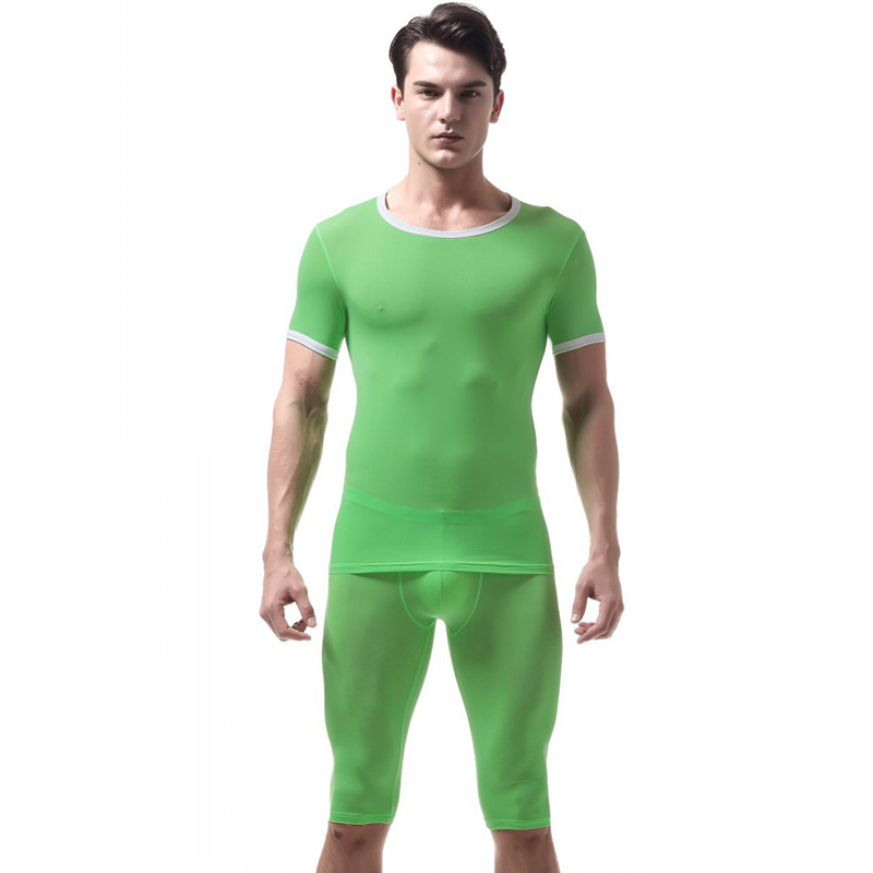 

Green Sexy Men's underwear Ice silky sleepwear twinset Pajamas Set loungewear short sleeve tops and boxer shorts #VS007DTZ