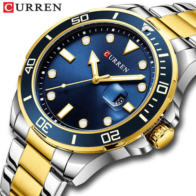 

CURREN Men Watch Top Luxury Brand Business Stainless Steel Quartz Mens Watches Date Waterproof Clock Relogio Masculino 210517, Silver gold blue