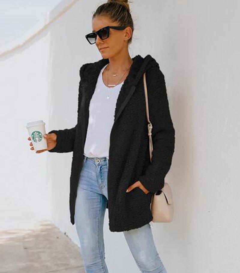 

Women' Jackets Women Loose Style Plush Coat Cardigan Solid Color Zipper Open Front Hooded Jacket With Caps Winter Brushed Thick