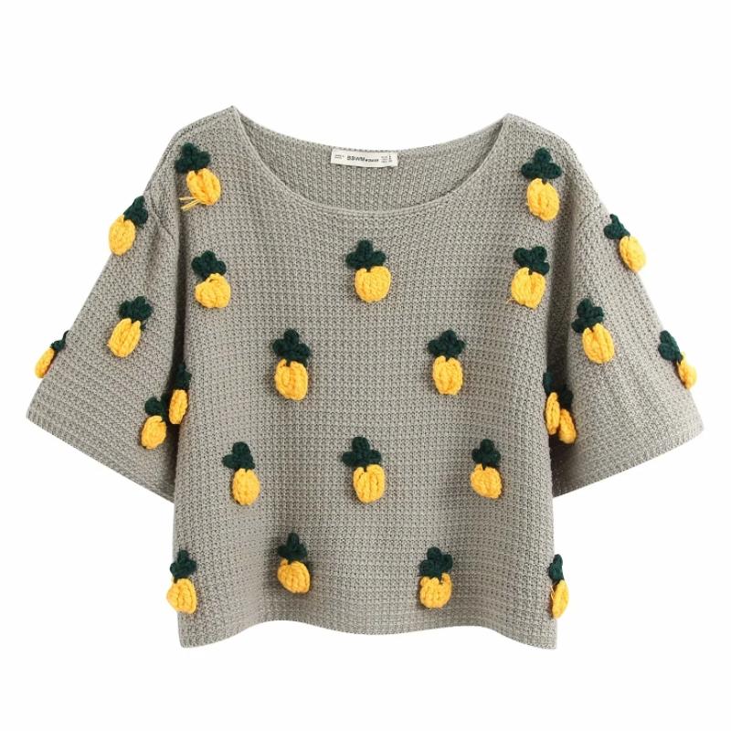 

Pineapple Pattern Short Sleeve Women Knitting Sweater 2021 Fashion Leisure Lady O Neck Pullover Loose Tops SW718 Women' Sweaters, As pic