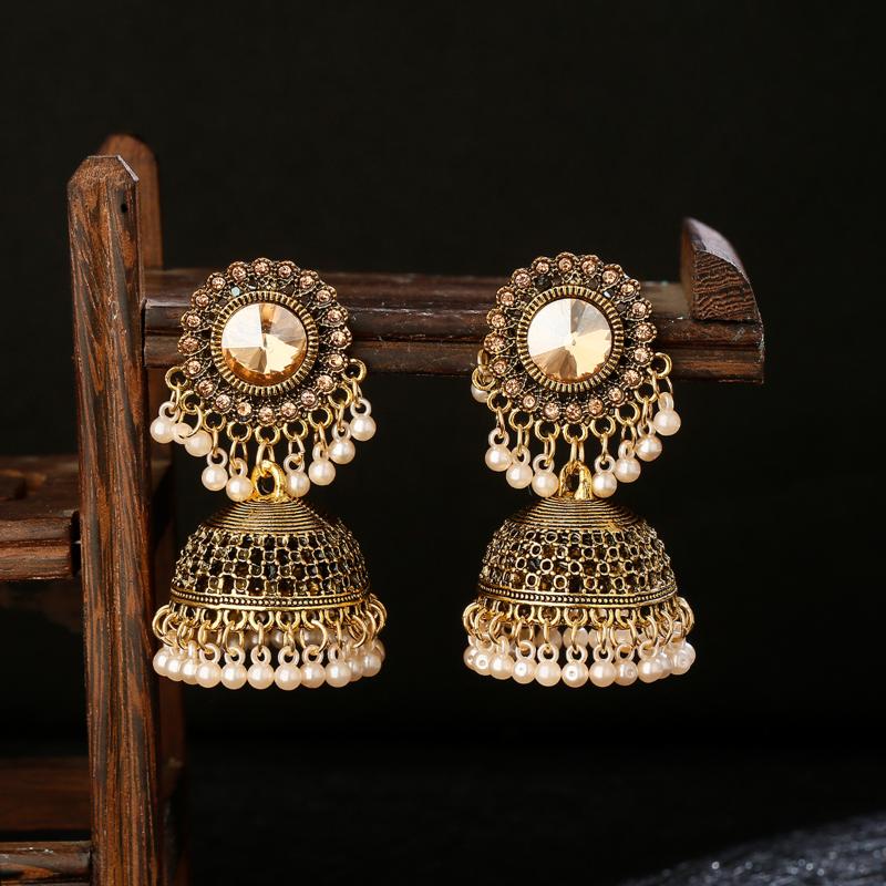 

Dangle & Chandelier Classic Women's Retro White Rhinestone Jhumka Earrings Turkey Ethnic Vintage Pearl Bell Tassel, Silver