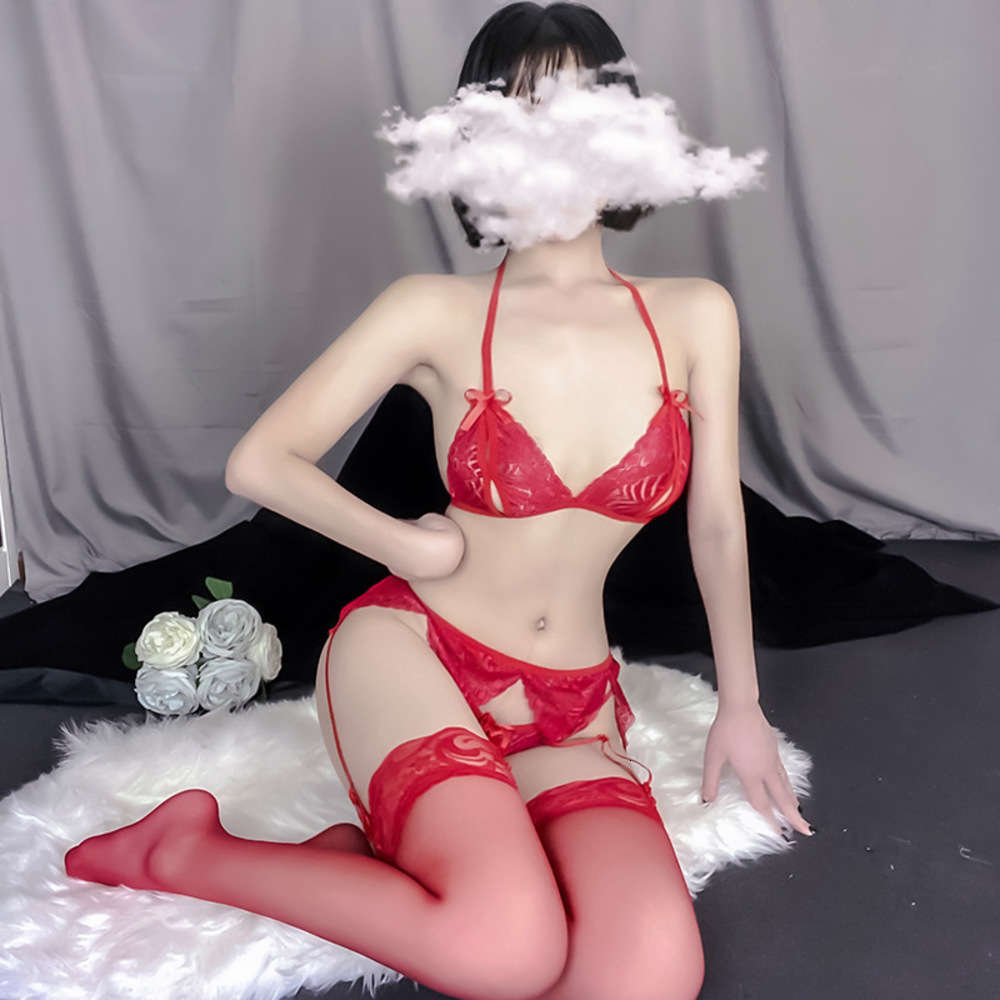 

lingerie deep V Sexy lace open file no take off three charm Garter suit adult products, Black;white