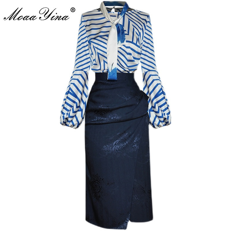 

Fashion Designer Summer Office Skirts Suit Women's Long sleeve Stripe Tops and Slim Midi 2 Pieces Set 210524, Blue