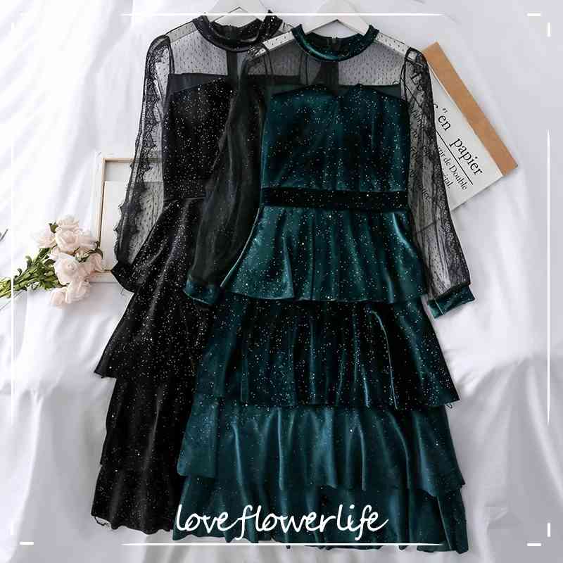 

Autumn Women O Neck Long Sleeve Elegant Cake Layered Long Dress High Waist Lace Hollow Out Fairy Dress Vestidos 210521, Green