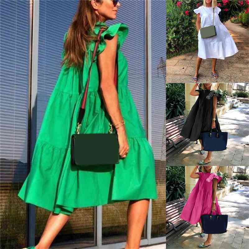 

Women Dress Short Sleeve Pleated Long Dresses Fashion Bohemian Dress Solid Loose Summer Dresses Plus Size White Black 210630, Rose red