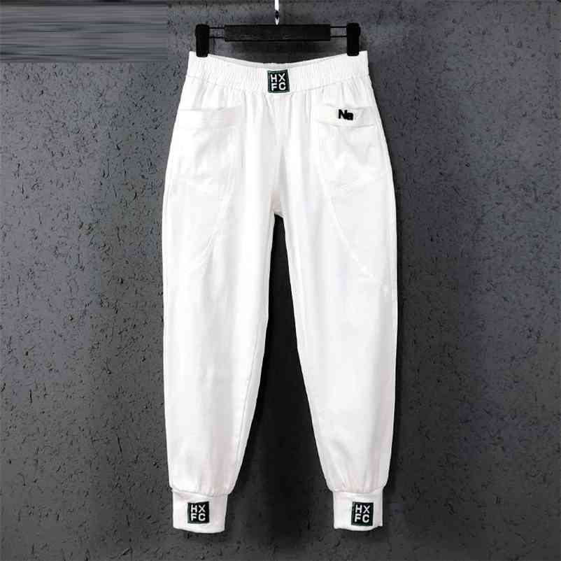 

Arrival Spring Summer Korea Fashion Women Elastic Waist Loose White Jeans All-matched Casual Cotton Denim Harem Pants S982 210629, Black